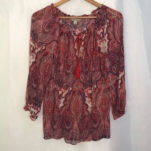 Lucky Brand Women’s Paisley Red 3/4 Sleeve Bohemian Top Size S